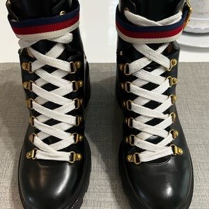 Women's Gucci Black Sylvie Web Lace-up Combat Boots. Size 38.5 / US 8